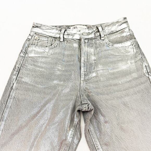Zara Coated Silver Gray Metallic Denim Jeans Raw Hem Straight Leg Size 4 - Picture 7 of 10